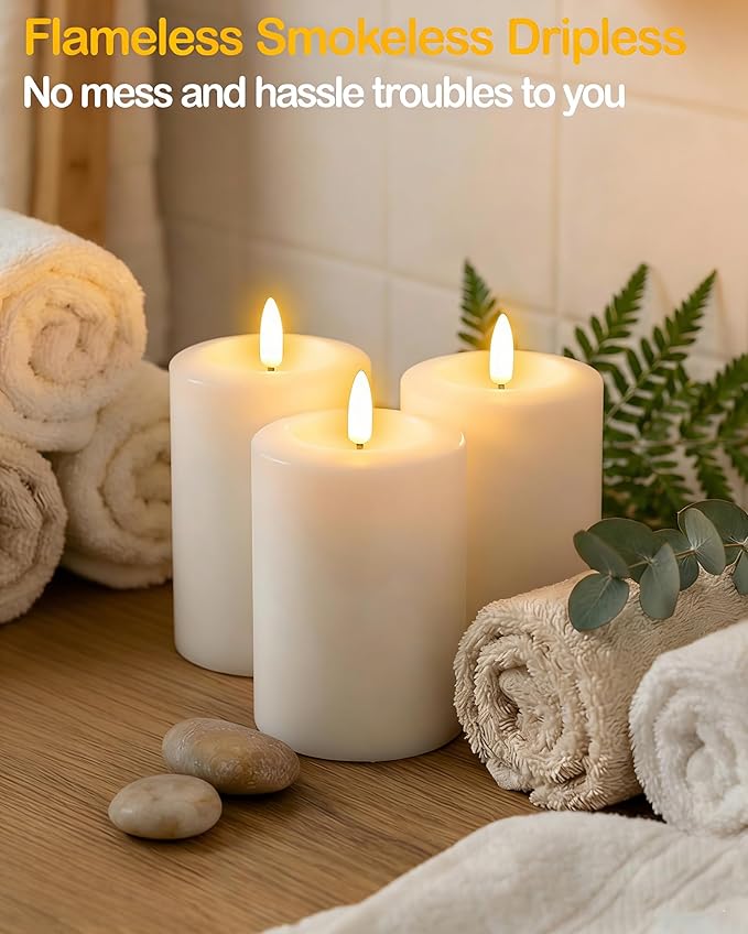 3"x4" Flickering Flameless Candles with Remote Timer, Real Wax, White Pillar Candles, Set of 3 Fake LED Battery Operated Candles for Home, Fireplace, Centerpiece, Rustic and Farmhouse Decor