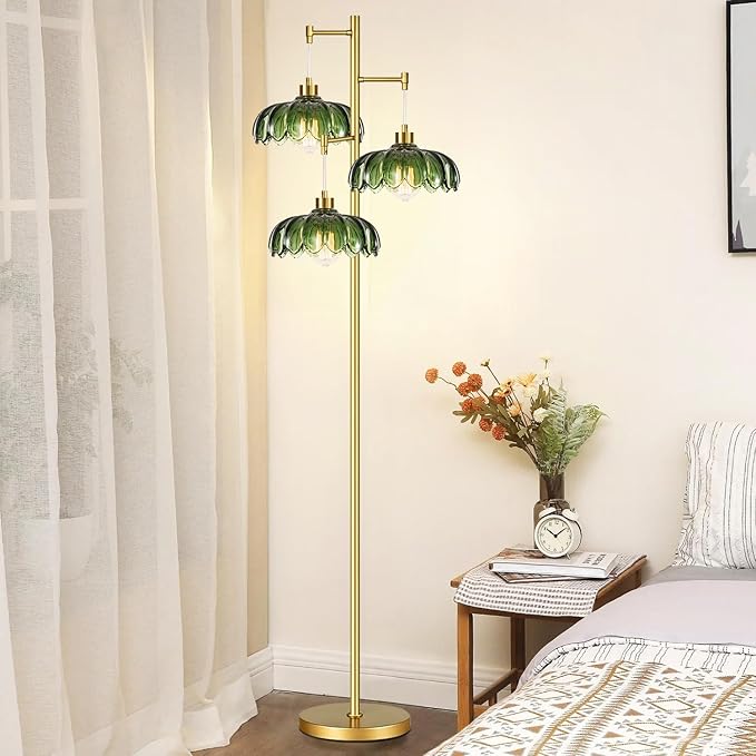 Glass Floor Lamp for Living Room,Bedroom,Mid Century Modern Standing Lamp Brass Tree 3 Light Tall Floor Lamps Vintage Retro Floor Lights Gold Green Flower Lamp Shade Farmhouse Boho Bohemian