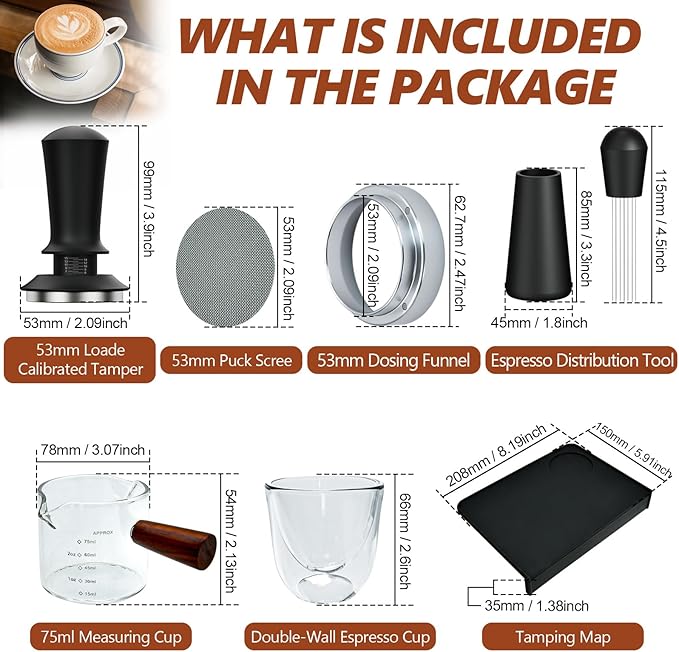 7 Pcs 53mm Espresso Accessories Kit, Spring Loaded Calibrated Tamper, WDT Tool, Coffee Measuring & Espresso Cup and Tamper Mat, Puck Screenr & Dosing Funnel, Fit 54mm Espresso Machine Accessories