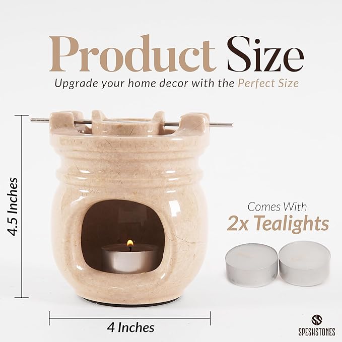 Marble Essential Oil Burner for Scented Oil 4.5 Inch Beige Wax Melt Warmer & Tealight Candle Holder for Home Decor, Stone Aromatherapy Diffuser for Office and Room Fragrance