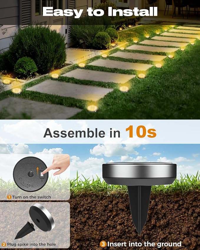 btfarm 24 Pack Solar Lights Outdoor, 8 LED Solar Ground Lights IP65 Waterproof Flat Solar Disc Light, Pathway Lights for Garden Lawn Patio Yard Path Landscape, Warm White