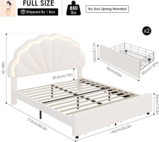 HIFIT Full Size Upholstered Smart LED Bed Frame with 2 Storage Drawers and Adjustable Chic Double Petal Headboard, Princess Platform Bed for Girls, Solid Wood Slats Support/No Box Spring Needed, Beige