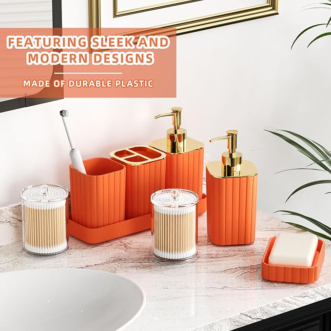 XLHOMO Bathroom Accessories Set - Gorgeous Bathroom Set, 10PC Orange Bathroom Accessory Set, Orange Bathroom Sets, Toilet Brush, Trash Can & Soap Dispenser