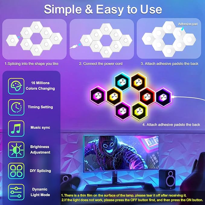 Hexagon LED Lights - 12 Pack Smart APP RGBW Gaming LED Light with Remote Control & Music Sync Honeycomb Shape Hexagon Wall Lights for Bedroom, Living Room Wall, Gaming Decor