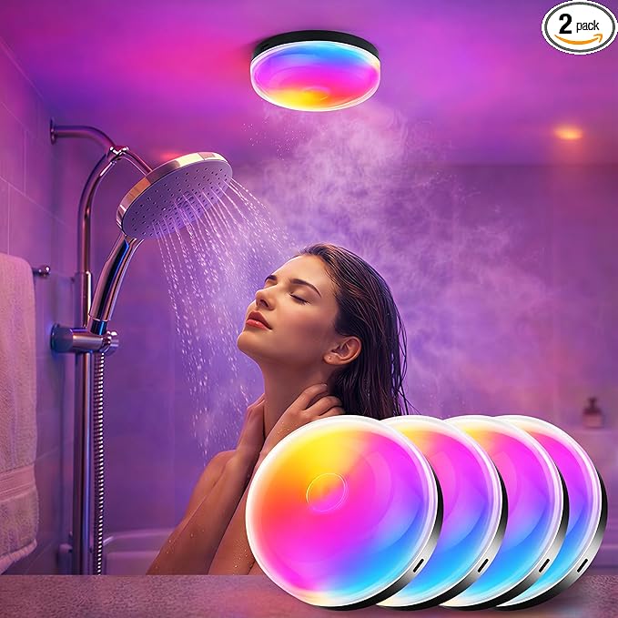 Loscarol Rechargeable Shower Lights with Remote, 15 RGBW Color Changeable Shower Lamp Waterproof, Dimmable ＆Timer Ceiling Light, Wireless LED Mood Lighting for Bathroom, Closet (Black, 4-Pack)