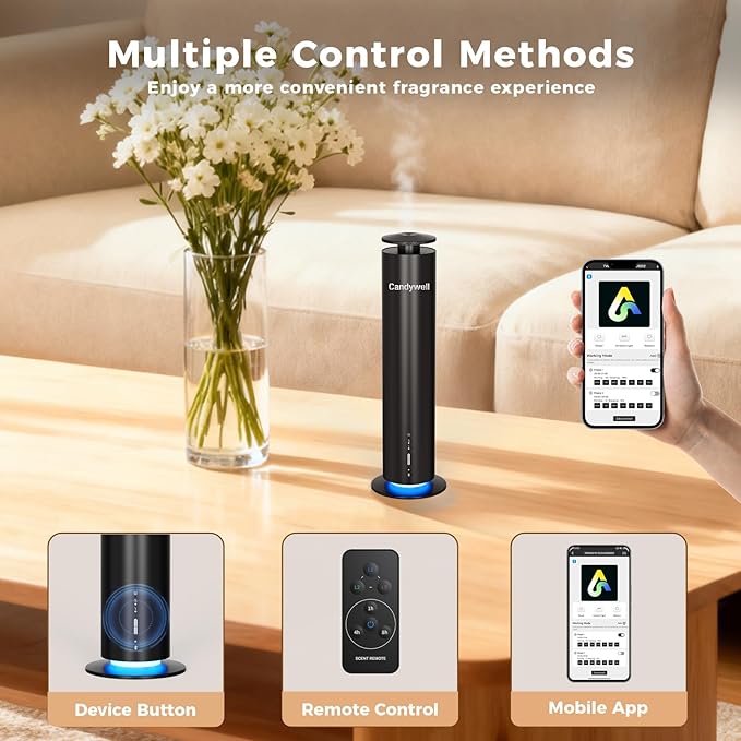 Waterless Scent Diffuser, Essential Oil Diffuser Machine - Cold Air Diffusion Tech for 1500 Sq Ft Large Room, Home, Office, Hotel & Spa, Starter Kit Includes 1 Scent Oil & Remote Control & APP