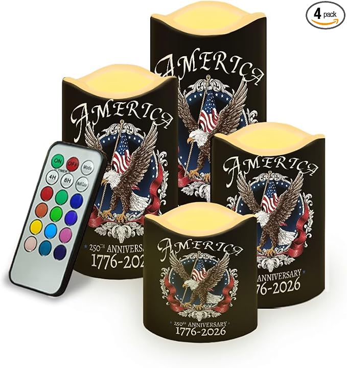 Bald Eagle 250th Anniversary Flameless Candles American Flag LED Candle Battery Operated with Remote Timer Patriotic Flickering Candle for Independence Day Home Outdoor Decor, 4 Pack