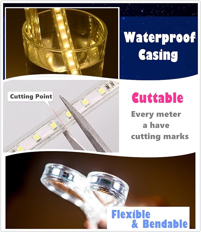 White Color LED Strip Light, AC 110-120V Flexible/Waterproof/Multi-Modes Function/Dimmable SMD5050 LED Rope Light with Remote for Home/Office/Building Decoration (164ft/50m)