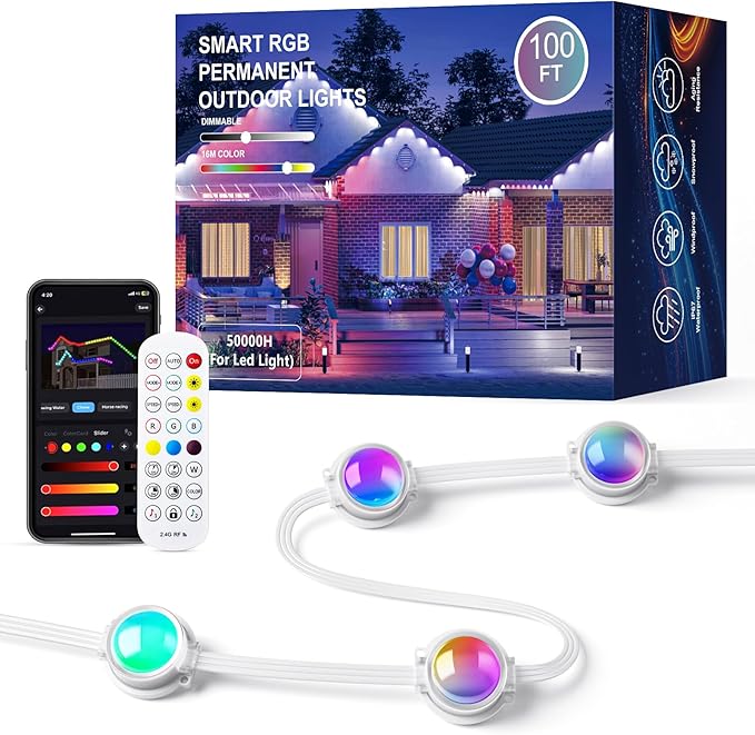 JOH Permanent Outdoor Lights,100FT RGB+IC Smart Eave Lights with DIY Color, IP67 Waterproof, App & Remote Control, 72 Scene Modes, Outdoor Roof Lighting for Christmas, Holiday & Daily Decor
