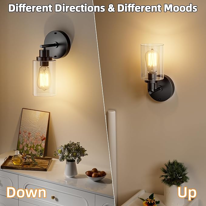 GORDNWE 1-Light Bathroom Wall Sconce, Matte Black Vanity Light, Modern Wall Light Fixture with Clear Glass Shade and E26 Bulb Base, Wall Lamp Wall Mount Light Fixtures for Mirror, Bedroom, Hallway