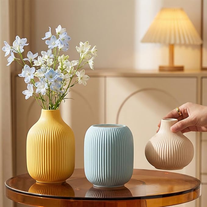 Set of 3 Small Matte Vibrant Ceramic Vases in Light Blue, Mustard Yellow and Beige - Modern Minimalist Ribbed Decor for Centerpiece, Farmhouse Living Room, Kitchen Shelf, Gift Idea
