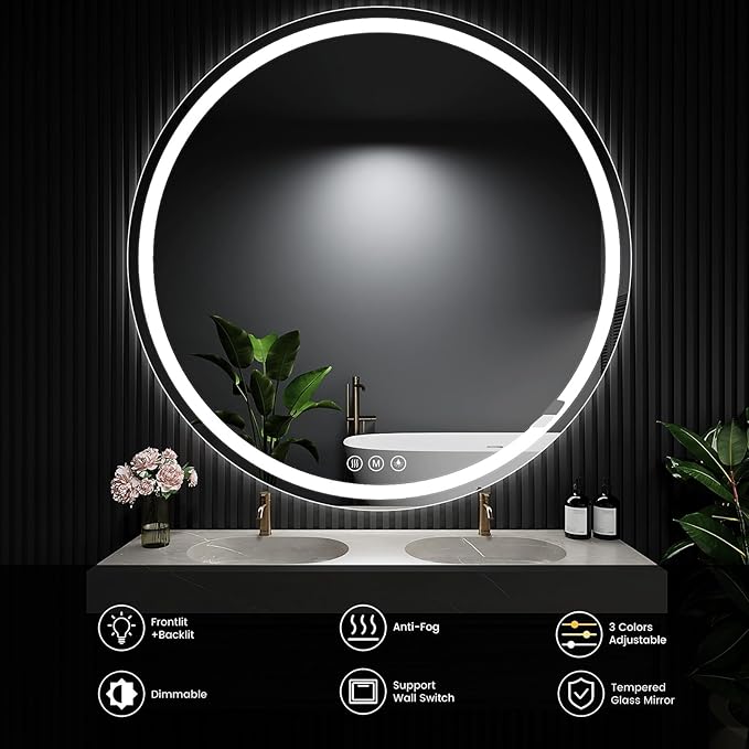 LED Bathroom Mirror 42 Inch Round Bathroom Mirror with Lights, Circle Wall Mirror with 3 Colors Brightness, Anti-Fog for Bathroom Vanity, Entryway Living Room
