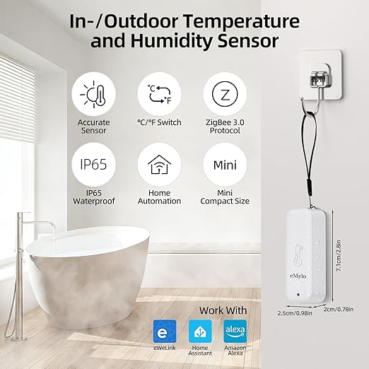 eMylo Zigbee Temperature and Humidity Sensor, IP65 Indoor Outdoor Thermometer Hygrometer for Home Automation, Hub Required, Compatible with Echo Devices with Zigbee Hub Built-in, Home Assistant,Homey