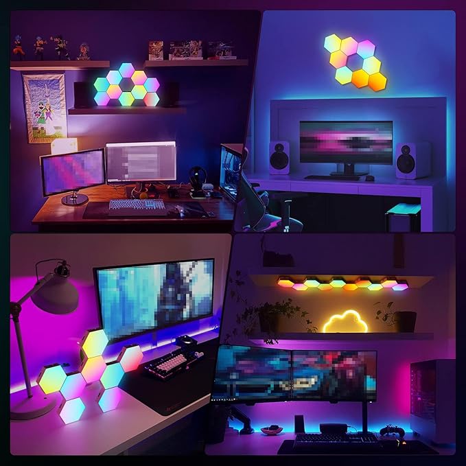 Hexagon Lights Wall Panels, Smart LED Wall Lights with APP, DIY Modular Assembled Music Sync RGB Gaming, Hex Light with USB-Power for Autism, Game Room Decor, Party (6-Pack)