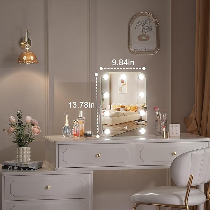 Hasipu Vanity Mirror with Lights, Hollywood 10" x 14" LED Makeup Mirror, 3 Modes Light, Smart Touch Control Dimmable, 360°Rotation, Rounded Rectangle White Frame