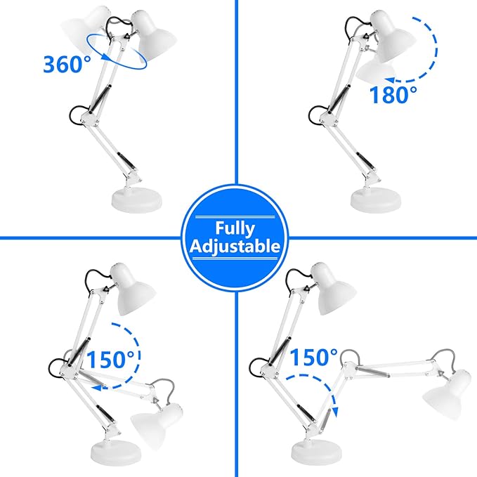 AmeriTop Metal Desk Lamp, Adjustable Swing Arm Table Lamp with Interchangeable Base Or Clamp; Eye-Caring Desk/Clip Reading Lamps for Bedroom, Study, Office (White)