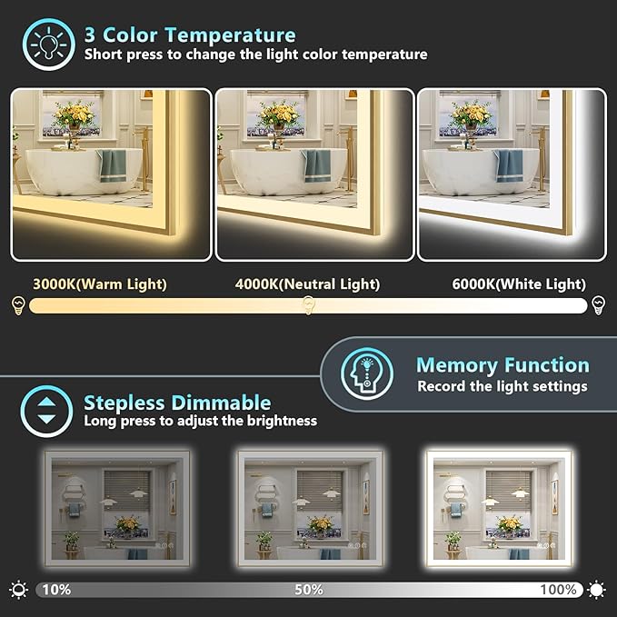 40x32 Gold LED Bathroom Mirror with Lights, Brushed Gold Framed Backlit and Front Lit Anti-Fog Lighted Vanity Mirrors for Bathroom Wall, Dimmable, 3 Colors, Memory, HD Tempered Glass, CRI＞90