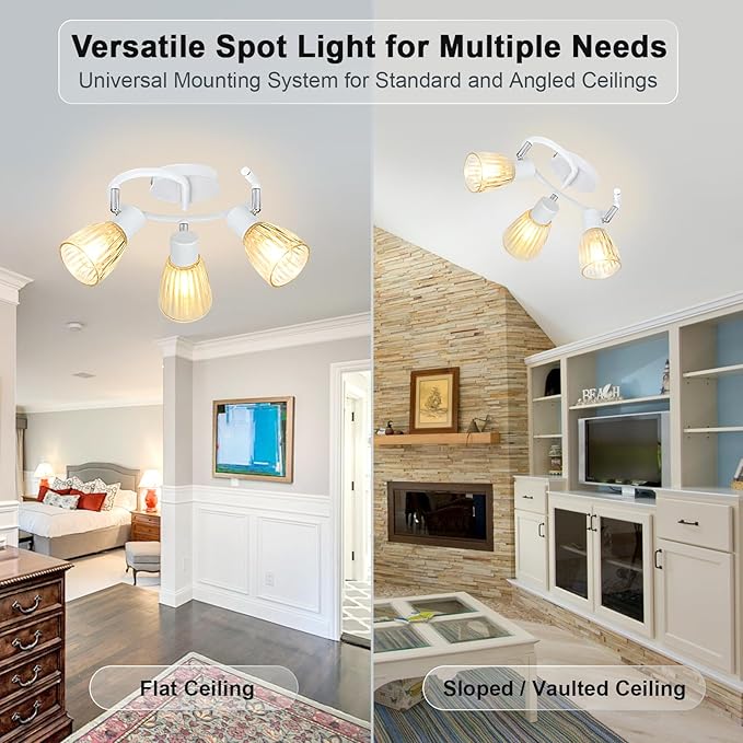 HiBay 3-Light Track Lighting White, Directional Modern Ceiling Light Fixture w/Glass Shades, Flush Mount Ceiling Spotlight Indoor for Kitchen, Bedroom, Living Room, E12 Base, No Bulbs