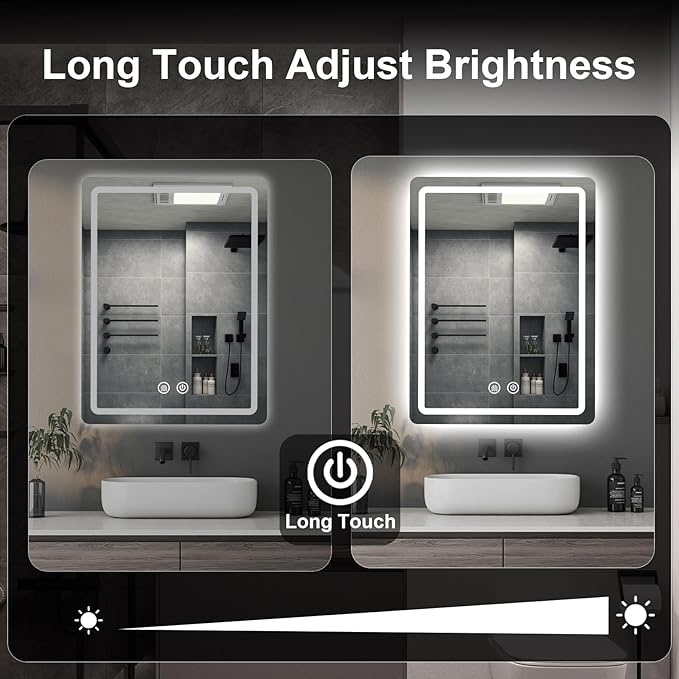 LED Bathroom Mirror, 20x28 in Vanity Mirrors with Backlit Lights for Shaving, Fogless Makeup Mirror Wall Mounted with Demister, Dimmable 3 Color Lighting, IP54, Vertically Only