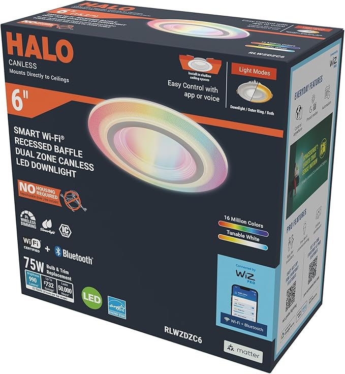 HALO 6” Dual Zone Smart Wi-Fi® Canless LED Light Powered by WiZ Pro 4 Pack, Dimmable Full Color w/SpaceSense, Smart Home Ready RLWZDZC6-4PK