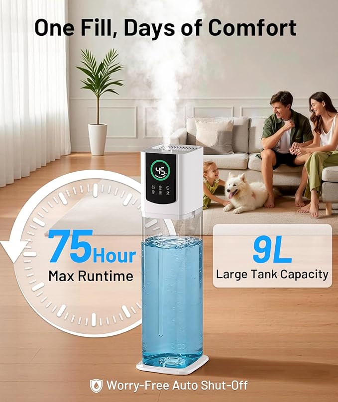 AreShark 2.4 Gal/9L Humidifier for Bedroom, Large Room 500ft², Cool Mist Air Humidifiers with 75H Runtime, Humidity Setting, Easy to Clean, Top Fill, 30dB Quiet, for Plants, Adults, Nursery, Kids