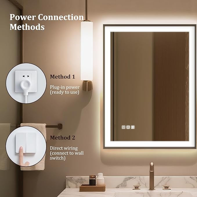 24"X32" LED Bathroom Mirror with Lights, Mirror for Bathroom Wall with Frontlit and Backlit, IP54 Enhanced Anti-Fog, Bathroom Vanity Mirror 3 Colors Dimmable CRI>90 Double Lights, HD Tempered Glass