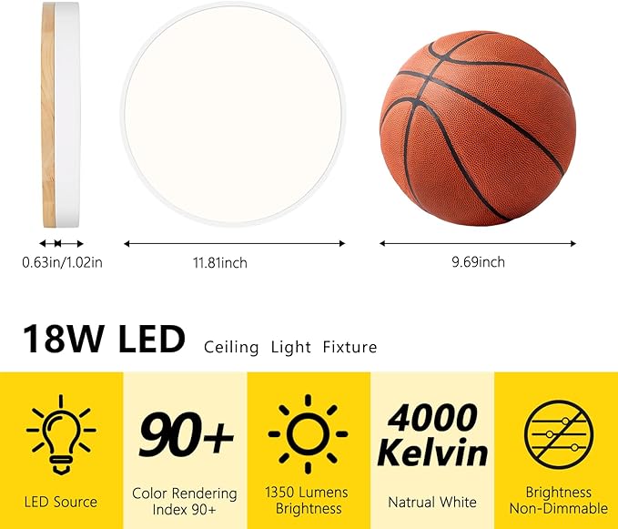 Modern Wood White Flush Mount Ceiling Light, 11.81" Round LED Low Profile Close to Ceiling Fixture for Kitchen Bedroom Bathroom Laundry Hallway Entryway Closet Living Room