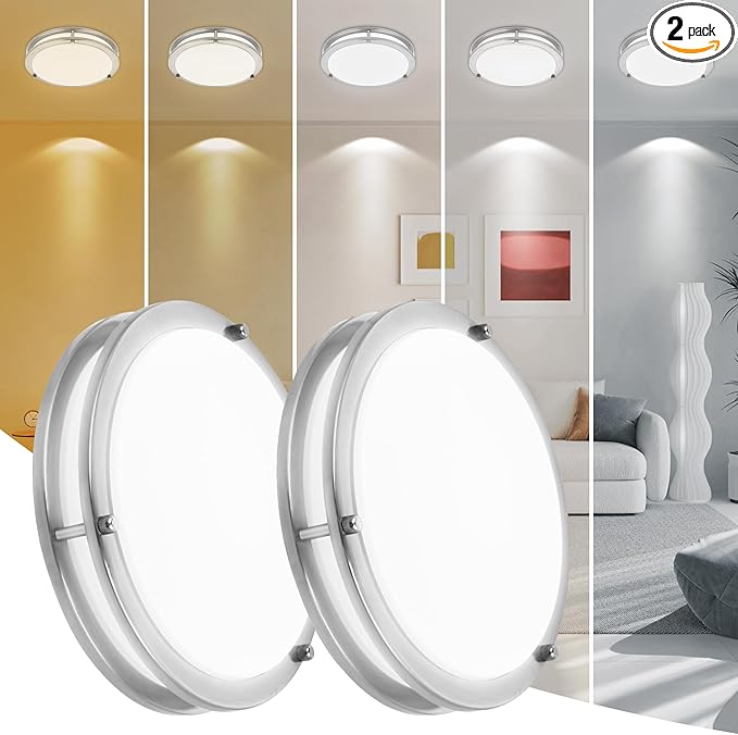 2 Pack 7.5 Inch Round Brushed Nickel Ceiling Light Fixture - Flush Mount LED Ceiling Lamp Set of Two 2700K/3000K/3500K/4000K/5000K Adjustable Brushed Nickel Bathroom LED Light for Bedroom 12W