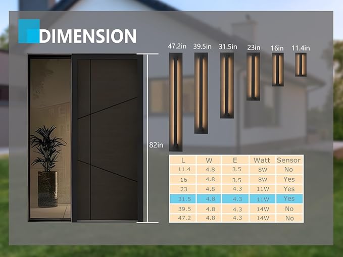 31.5 inch Motion Sensor Long Outdoor Wall Sconce, Black Linear Led Exterior Wall Lights, Front Porch Light Fixture Wall Mount for House, Yard