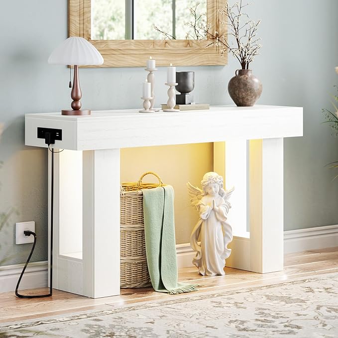 Unikito 47" Entryway Table with Socket and Sensor Light, Narrow Console Table with Storage Behind Couch, Farmhouse Entry Way Tables with Open Storage for Entrance/Hallway/Living Room, Antique White