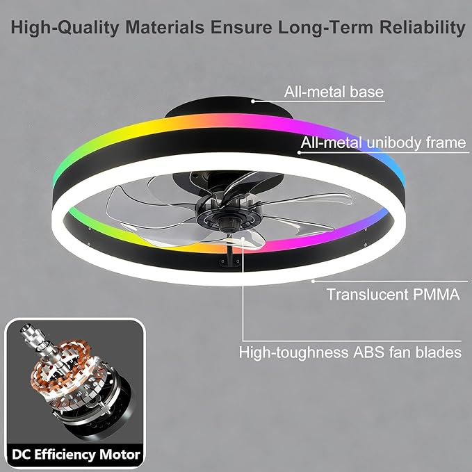 RGBW Ceiling Fan with Light, 20" Flush Mount Low Profile Smart Fan Light with App & Remote Control, 6 Speeds Reversible, 3CCT Dimmable LED Bladeless Fandelier Quiet DC Motor for Bedroom Living Room
