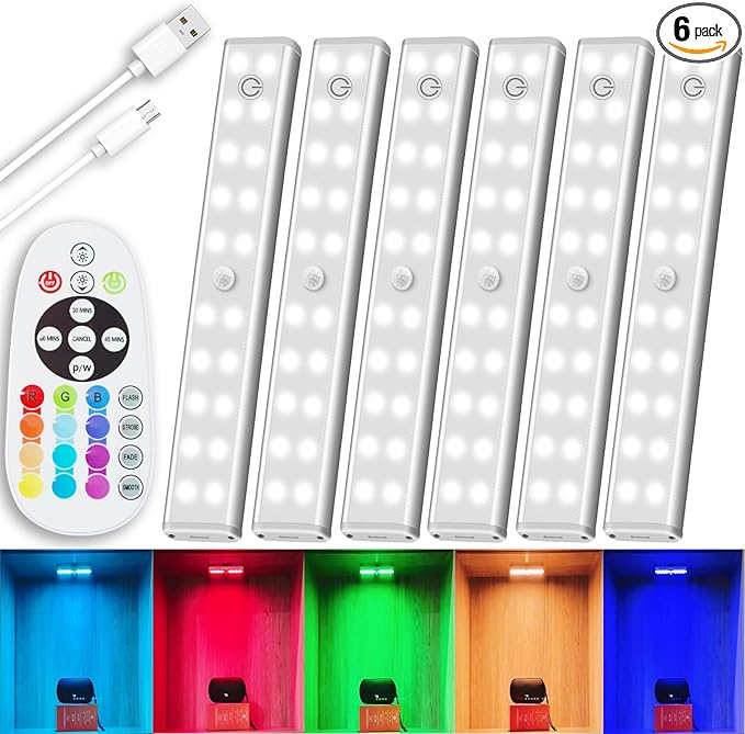 Under Cabinet Lighting Wireless Rechargeable Battery Operated LED Closet Lights Dimmable Under Counter Lights Bar with Remote, RGB Changing Perfect for Kitchen Bedroom Stairs, 6 Packs