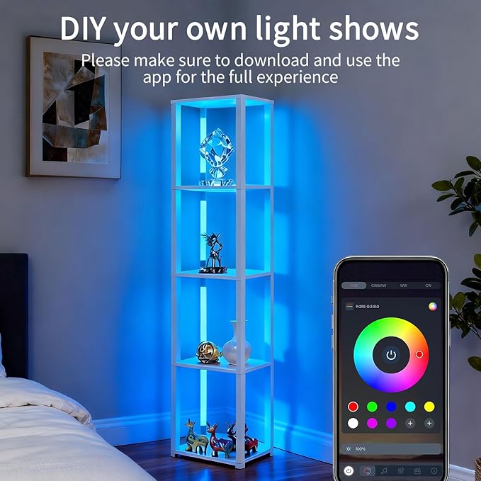 RGBCW Floor Lamp with Shelves, Smart Modern Floor Lamp with Music Sync, Color Changing Corner Display Shelf Lamp, Dimmable Standing Lamp for Living Room and Bedroom, Office, White