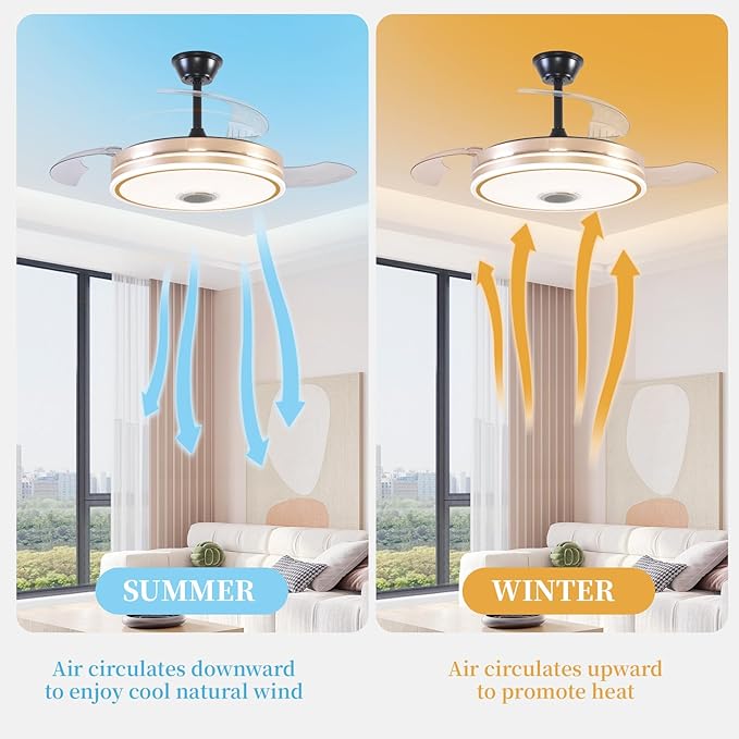 Retractable Ceiling Fan with Lights, 42 inch Ceiling Fan with Light and Remote, Low Profile Bladeless Fan for Bedroom Living Room