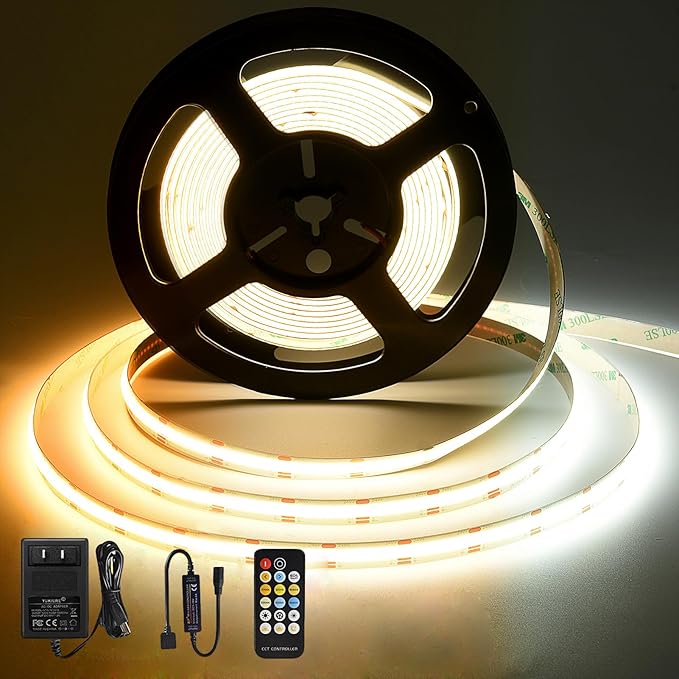 CCT COB LED Strip Lights, Tunable White Dimmable 2700K-6500K, 24V LED Tape Light Kit 9.8ft/3m, High Density CRI90+with UL-Listed Adapter, for Under Cabinet Lighting, Kitchen,Bedroom, Office, DIY