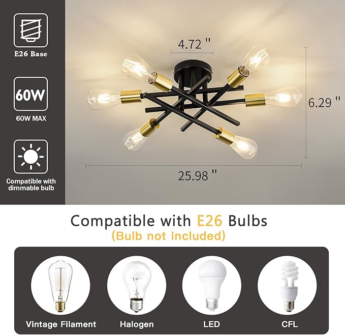 ASGYISA 6-Lights Sputnik Semi Flush Mount Ceiling Light Fixture Modern Metal Black and Gold Chandeliers with E26 Bulb Base Close to Ceiling Light for Kitchen Dining Room Living Room Hallway Bedroom