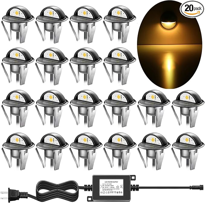 20pcs LED Step Lights Low Voltage IP65 Waterproof Recessed LED Deck Lighting, Half Moon F1.38 Yard Garden Patio Step Landscape Pathway Decor Lamps, Warm White