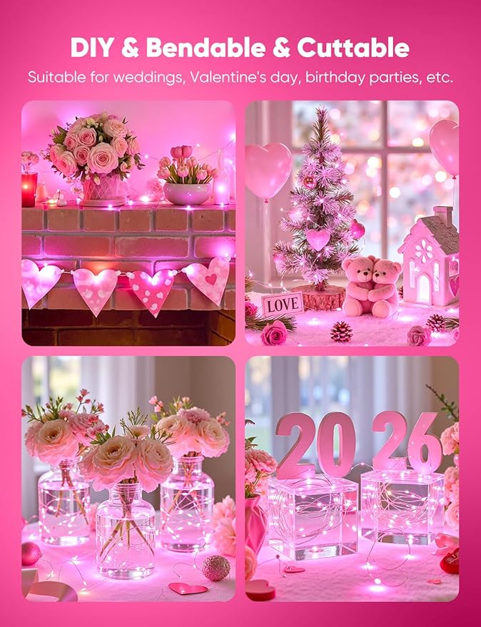 Minetom 12 Pack Pink Christmas Lights, 7ft 20 LED Fairy Lights Battery Operated, Valentines Day Decorations, 8 Modes Waterproof Silver Wire Twinkle Lights, Valentine's Day Lights