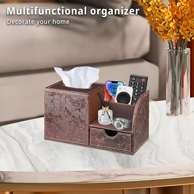 YAPISHI Square Tissue Box Cover with Storage Drawer, PU Leather Facial Tissues Cube Boxes Holder Modern Makeup Remote Control Holder, Nightstand Organizer Caddy for Bathroom Vanity, Office, Home Decor