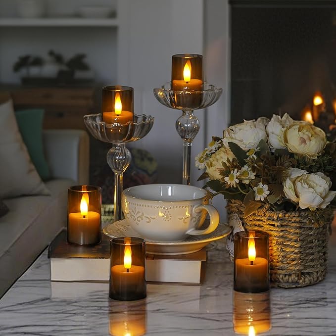 Rechargeable Acrylic Flameless Votive Candles with Timer & Remote Control, 1.7" x2.5" Flickering LED Warm Glow Tealight for Home, Wedding, Holiday Decor (Set of 9, Grey)