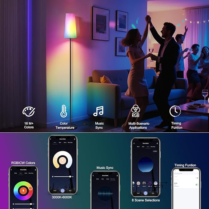 SUNMORY RGB Floor Lamps for Living Room, Smart APP Remote Control Standing Lamp with RGB Bulb, Dimmable Floor Lamp for Bedroom, Office, 61'' Tall Lamp, Suitable for Modern/Boho/Farmhouse Decor Styles