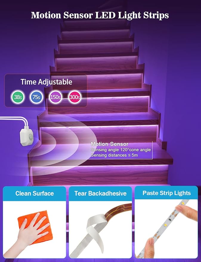 Daymeet Motion Sensor Under Bed Lights, 9.8ft RGB Motion Activated LED Strip Lights with Automatic Shut Off Timer App Control Cabinet Night Light Closet Lights for Hallway, Kitchen,Bedroom,Stair