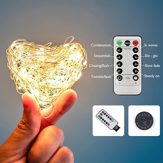 Homemory 2 Pack 33 Ft 100 LED Fairy Lights Battery Operated Christmas Lights with Remote Waterproof 8 Modes Firefly Twinkle String Lights for Christmas, Wedding Outdoor Decorations(Warm White)