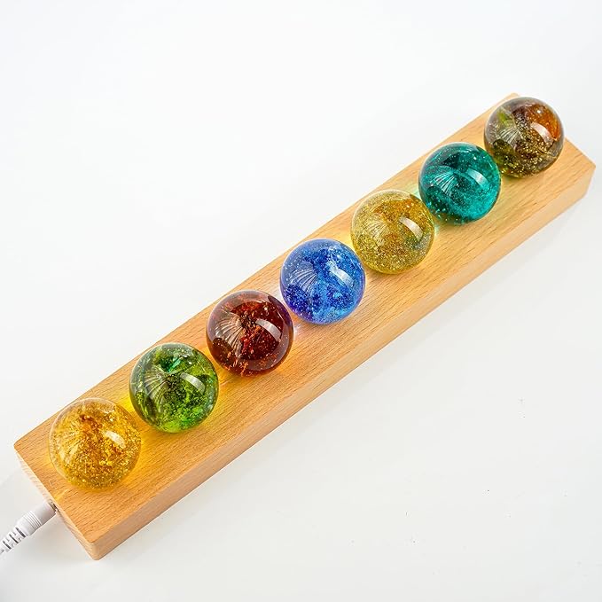 7 Chakra Crystals Spheres Sets 40mm Crystal Healing Ball with LED Wooden Stand for Meditation Night Light Decoration Balls for Home Office Christmas Decor Gifts