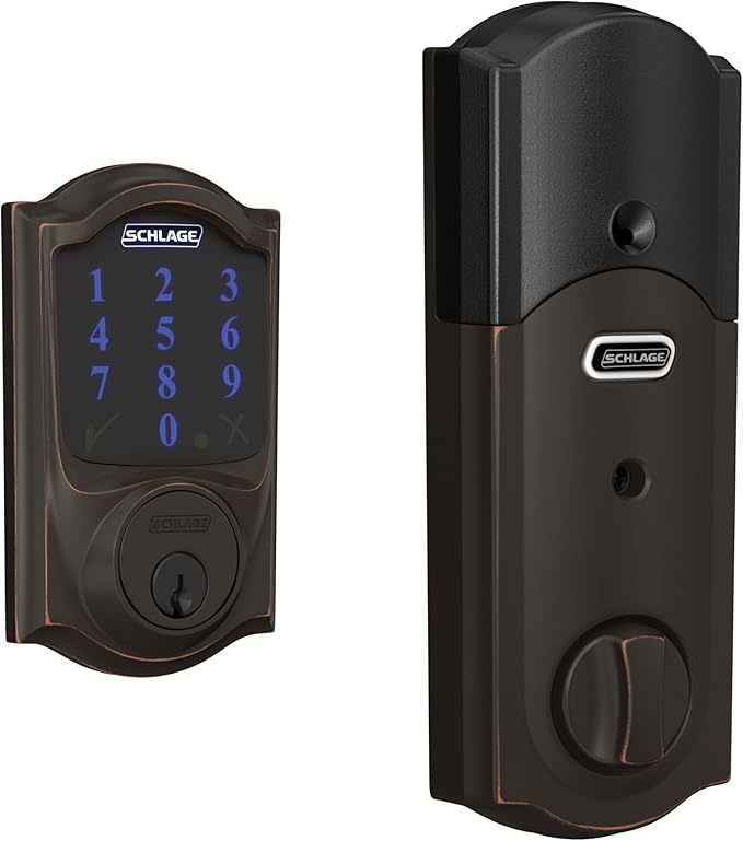 SCHLAGE BE469ZP CAM 716 SCHLAGE Connect Smart Deadbolt With Alarm Inbuilt Camelot Trim In Aged Bronze.