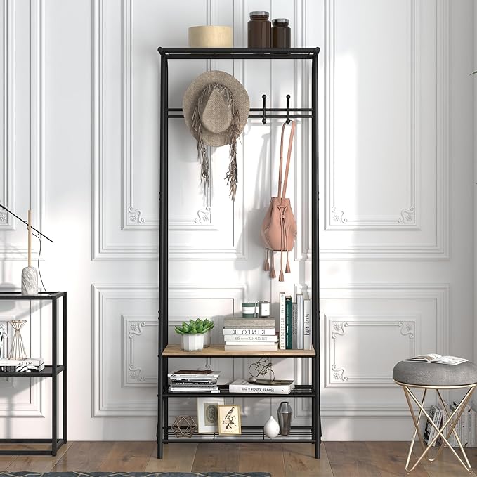 Jojoka 25" Coat Rack, Hall Tree with Shoe Bench and Storage, 4-Tier Shelf with 5 Hooks, Freestanding Metal Entryway Organizer for Hallway, Accent Furniture for Bathroom