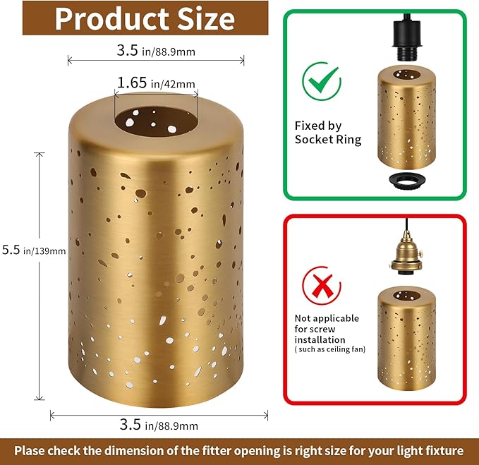 4 Pack Pendant Light Shades, Laser Starry Sky Design Cylinder Metal Lampshades with Electroplated Antique Brass Exterior Gold Interior, Lamp Shades 1-5/8 Inch Fitter, 3.5"Diameter x 5.5"Height