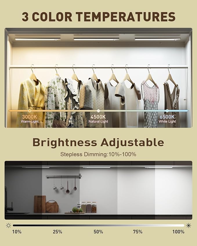 Diomart Under Cabinet Lights Motion Sensor, Rechargeable Puck Lights Wireless with Adhesive, Dimmable Kitchen Closet Lighting, 3 Color Temperature Adjustable, Auto On/Off for Stairs, Counter, 5 Pack