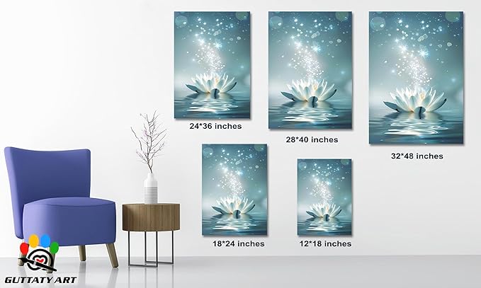 Zen White Lotus Flower Canvas Wall Art, Lotus Flower Pictures Bathroom Zen Print, Spiritual Water Lily Canvas Prints, Lotus Bloom on Water Poster, Zen Calm Relax Artwork for Yoga Spa Room 24x36 inch