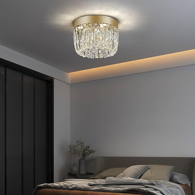 Deckrico Modern Crystal Chandelier Flush Mount Ceiling Light, 11.8" Gold LED Lighting Fixture for Bedroom Hallway Entryway Foyer